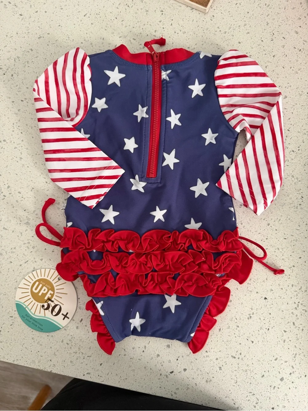 Caden Lane Navy, White & Red Star Stripe Baby Swimsuit